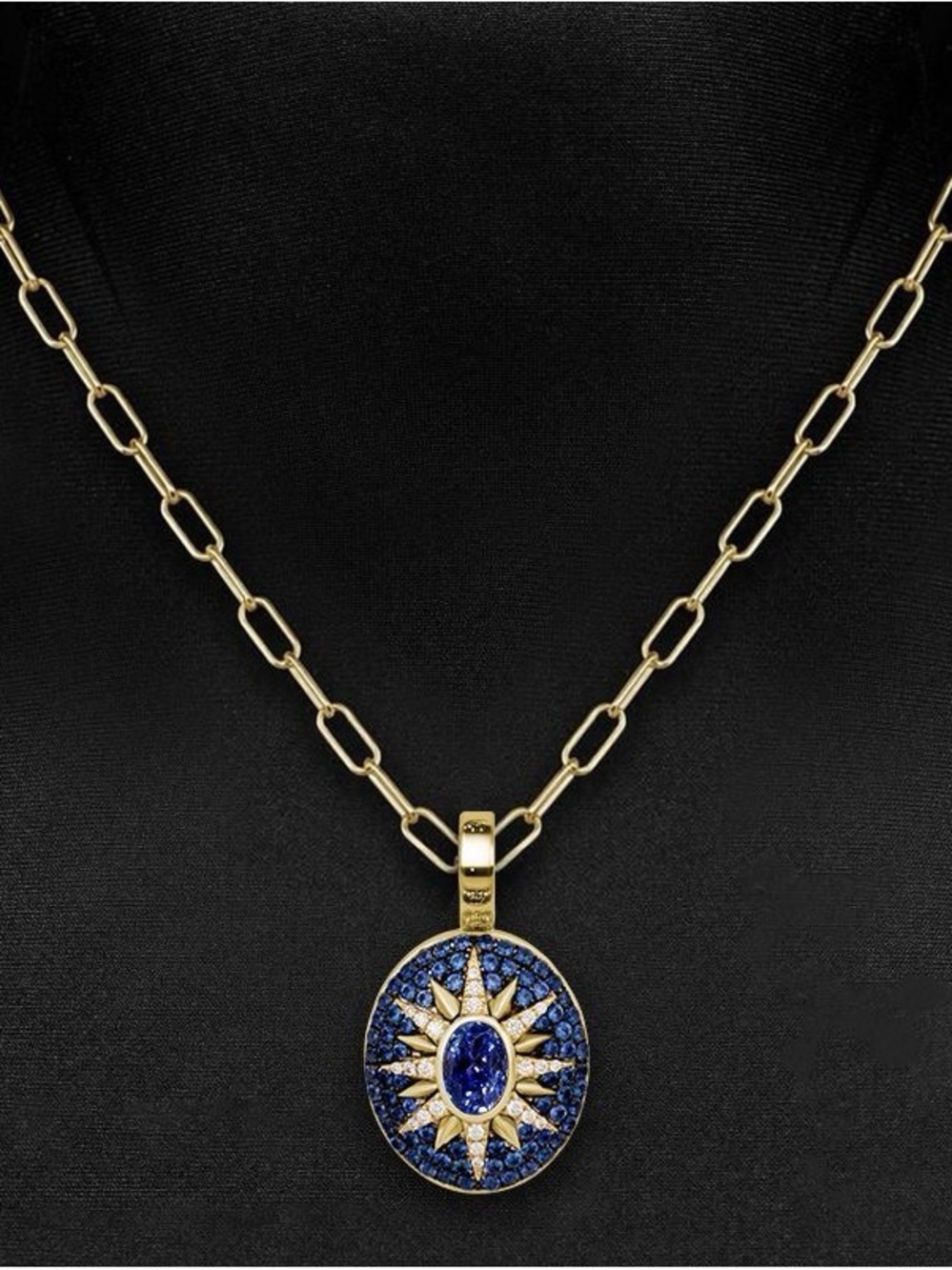 Halo Oval Cut Blue Sapphire Nautical Pendant Necklace 14k YGP